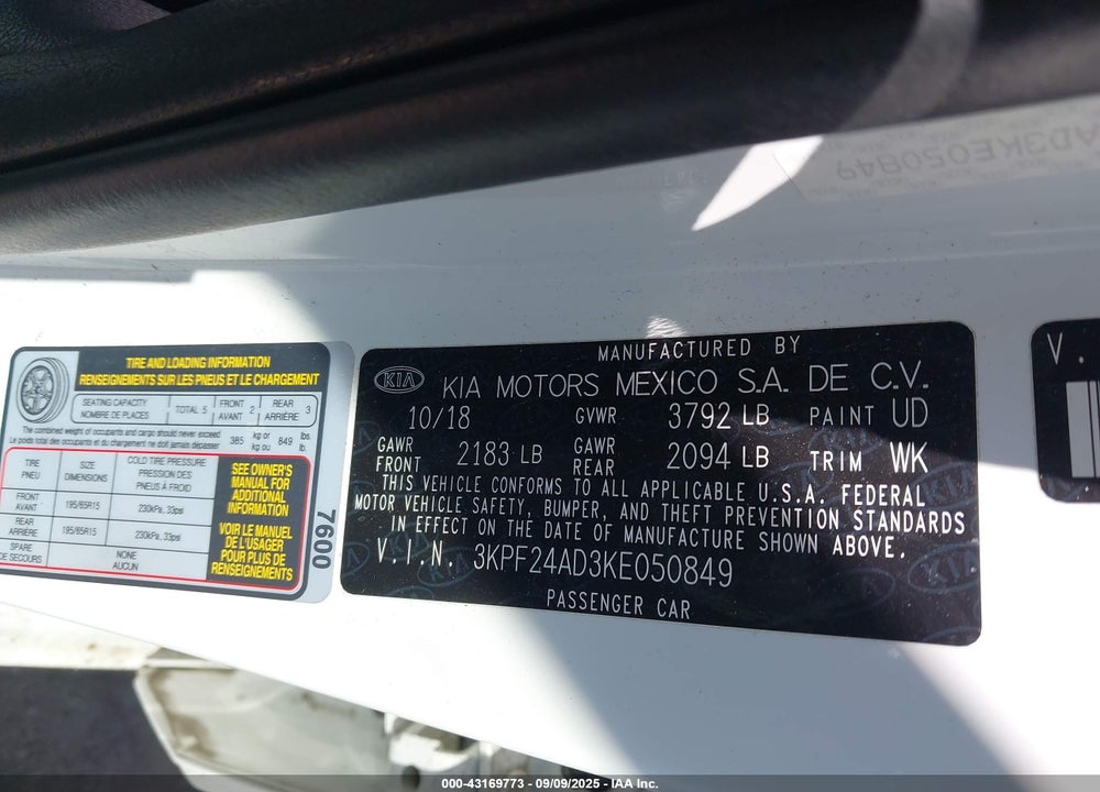 2019 KIA FORTE VIN: 3KPF24AD3KE050849