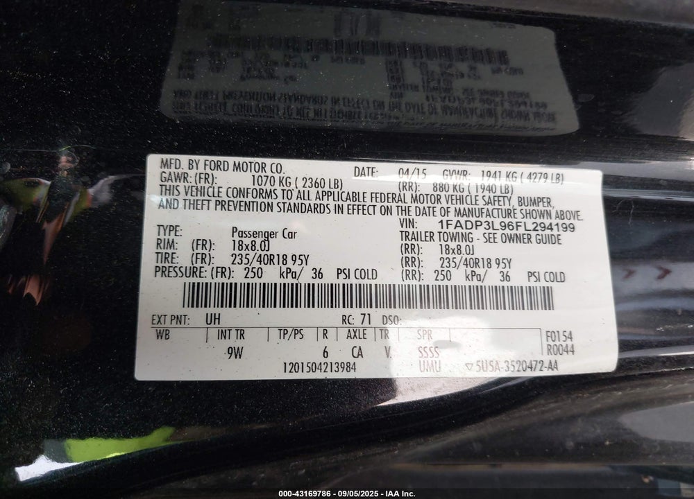 2015 FORD FOCUS VIN: 1FADP3L96FL294199