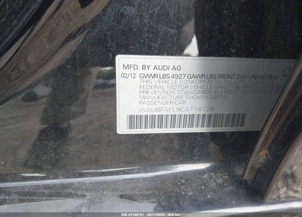 2012 AUDI A4 VIN: WAUBFAFL9CA116128