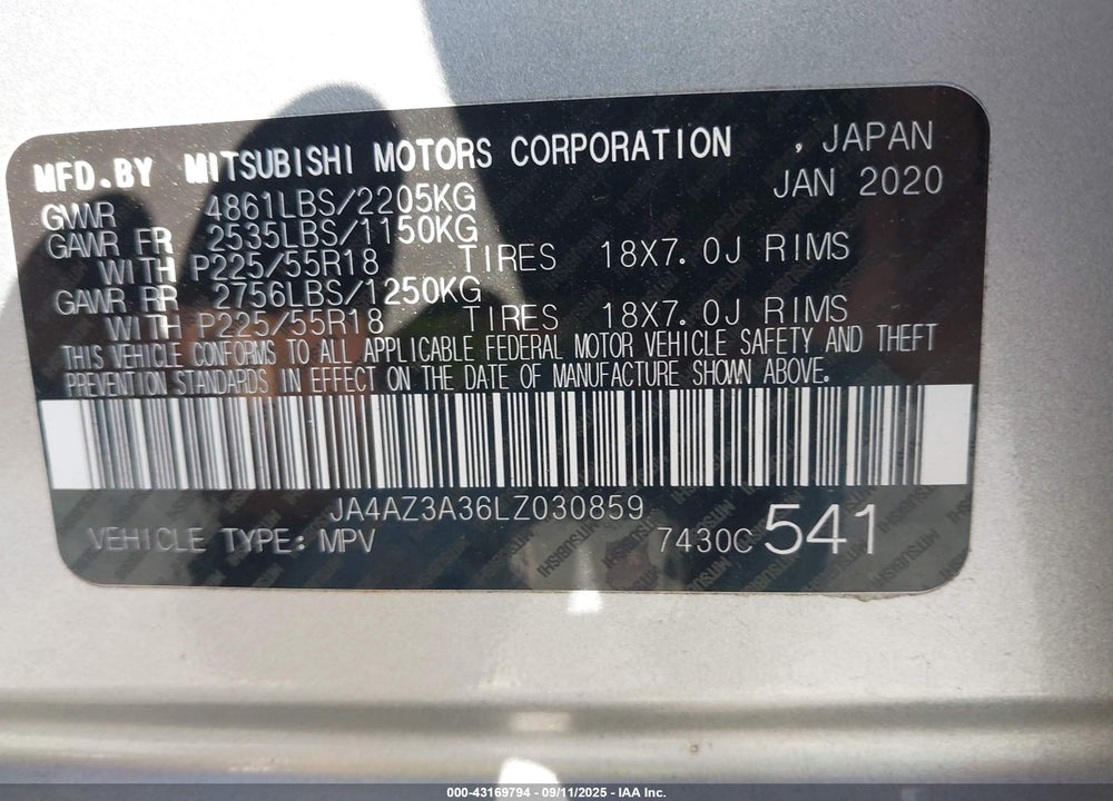 2020 MITSUBISHI OUTLANDER VIN: JA4AZ3A36LZ030859
