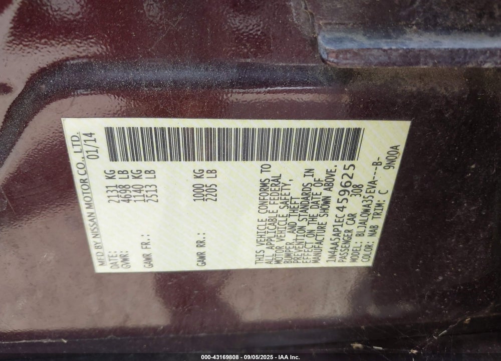2014 NISSAN MAXIMA VIN: 1N4AA5AP1EC459625