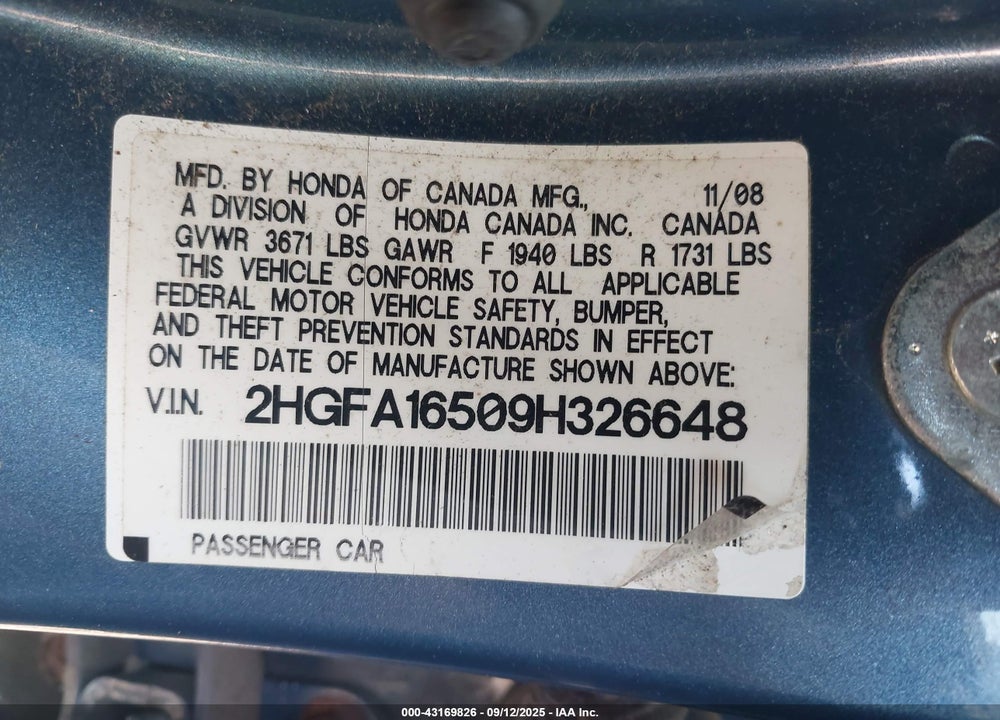 2009 HONDA CIVIC VIN: 2HGFA16509H326648