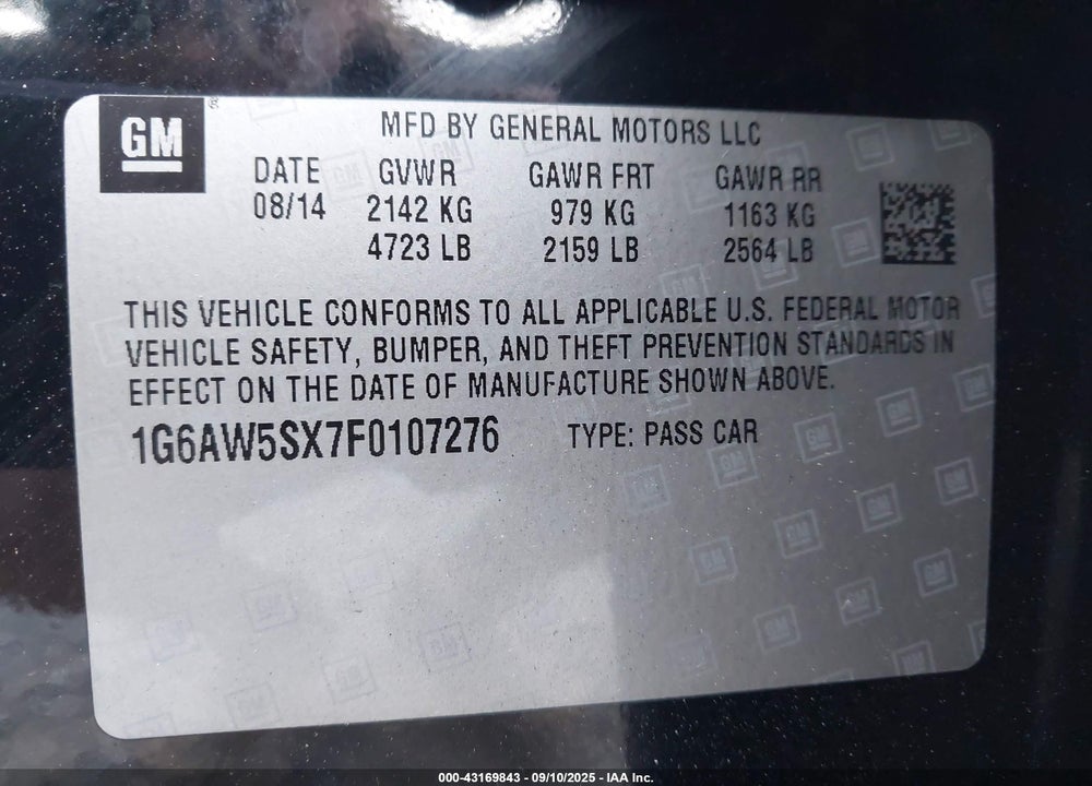 2015 CADILLAC CTS STANDARD VIN: 1G6AW5SX7F0107276