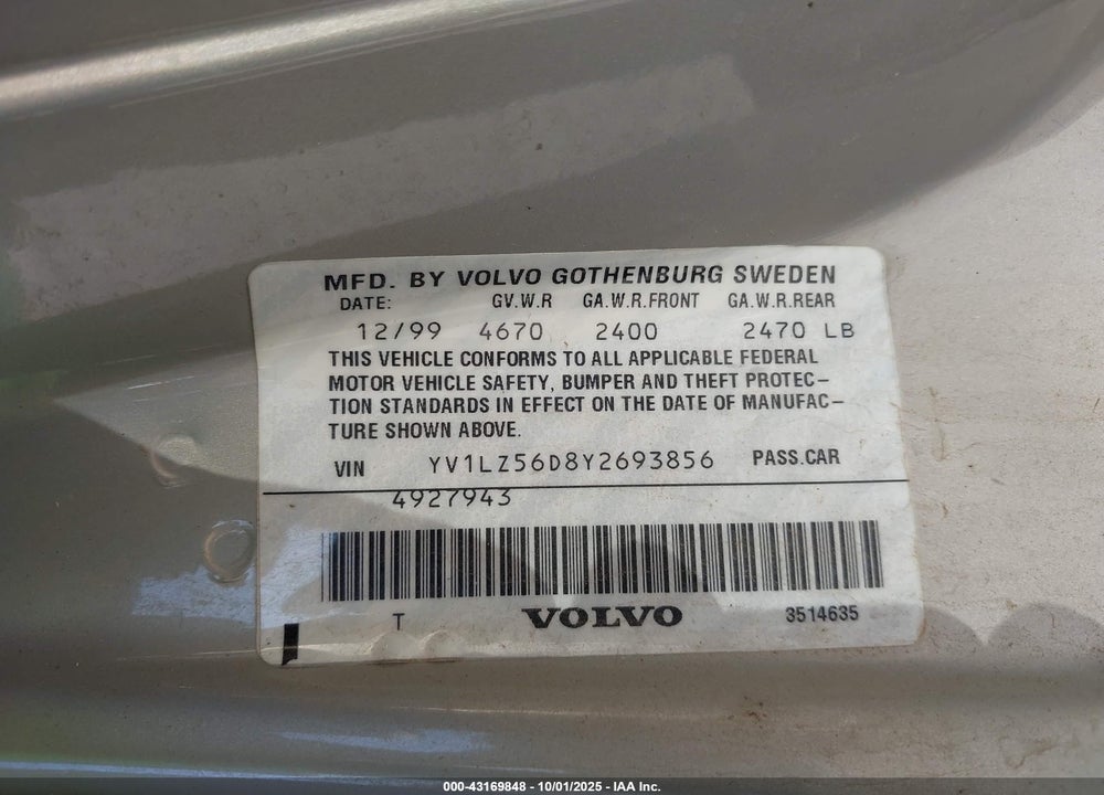 2000 VOLVO V70 XC/XC SE VIN: YV1LZ56D8Y2693856