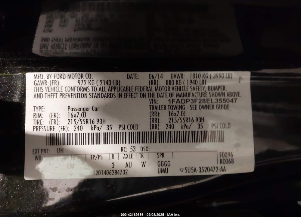 2014 FORD FOCUS VIN: 1FADP3F28EL355047