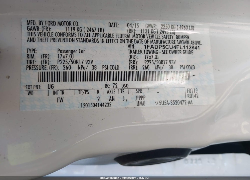 2015 FORD C-MAX ENERGI SEL VIN: 1FADP5CU4FL112841
