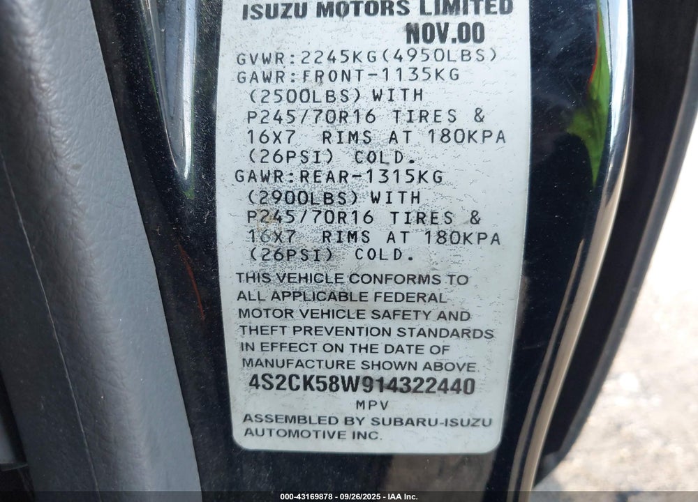 2001 ISUZU RODEO VIN: 4S2CK58W914322440