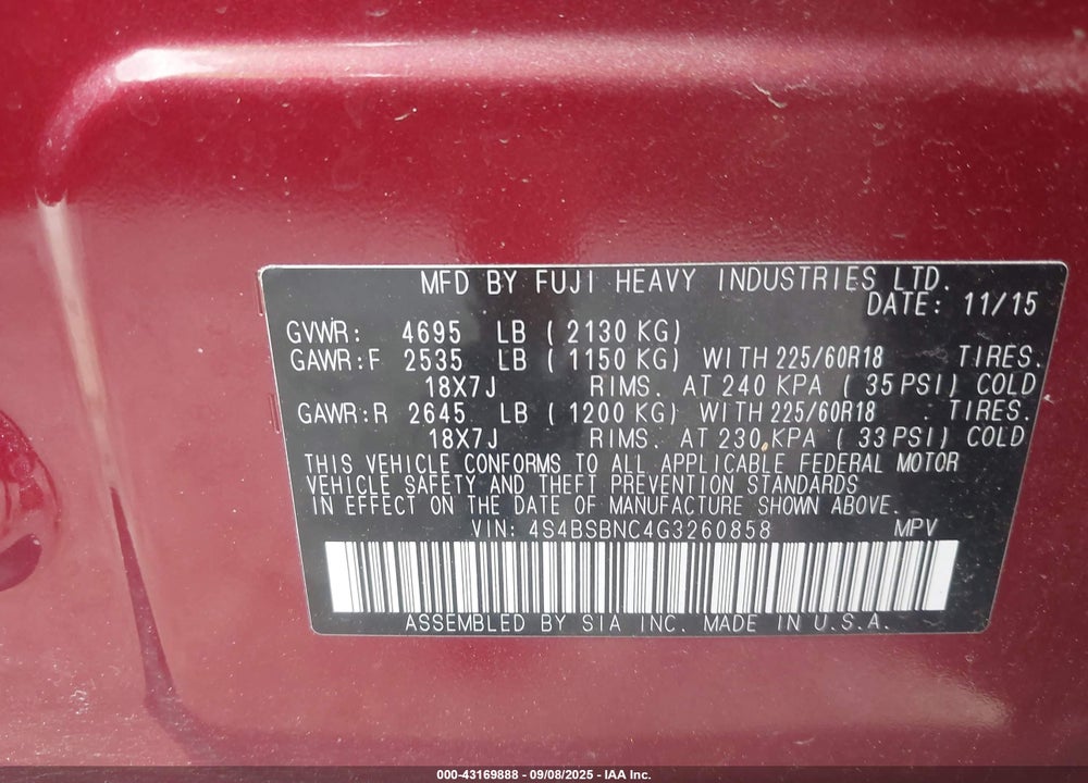 2016 SUBARU OUTBACK VIN: 4S4BSBNC4G3260858