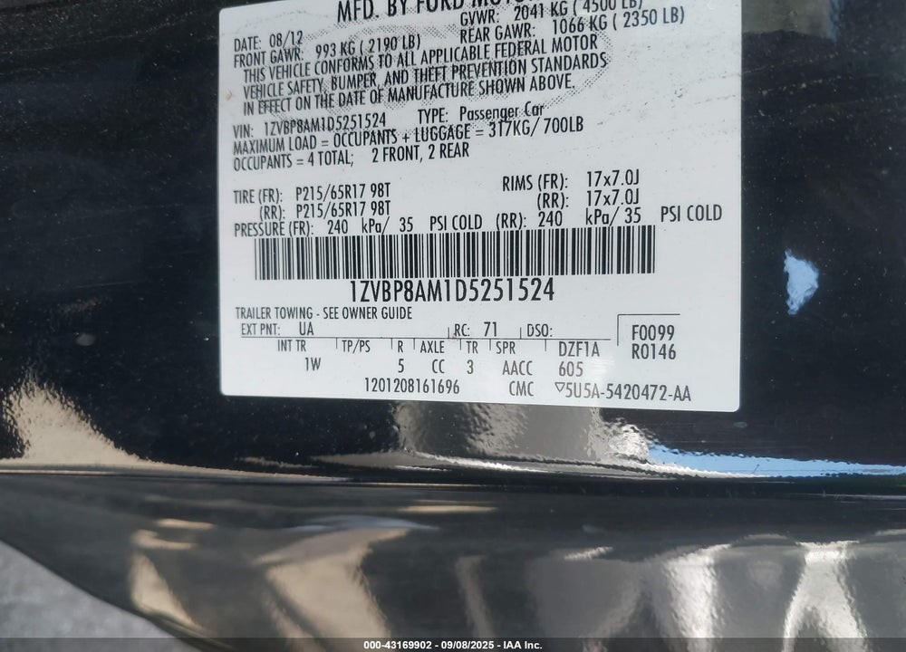 2013 FORD MUSTANG VIN: 1ZVBP8AM1D5251524