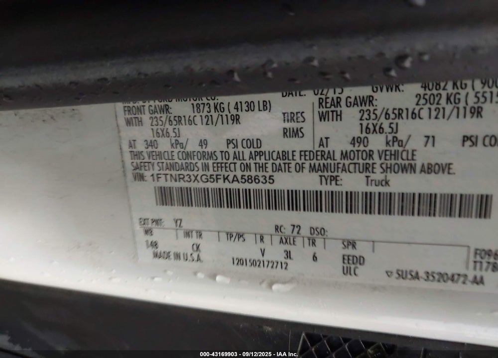 2015 FORD TRANSIT-250 VIN: 1FTNR3XG5FKA58635