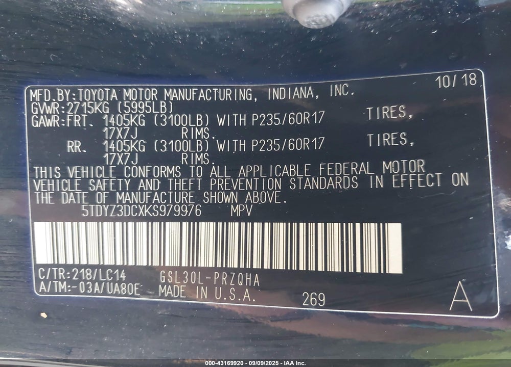 2019 TOYOTA SIENNA VIN: 5TDYZ3DCXKS979976