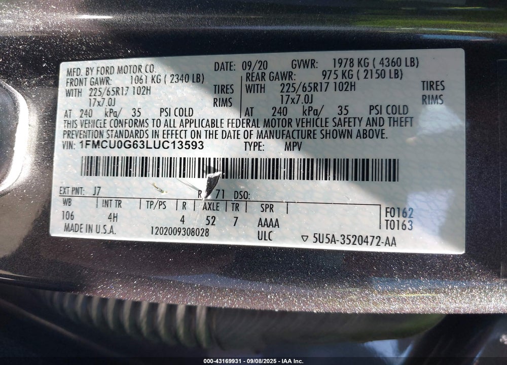 2020 FORD ESCAPE VIN: 1FMCU0G63LUC13593