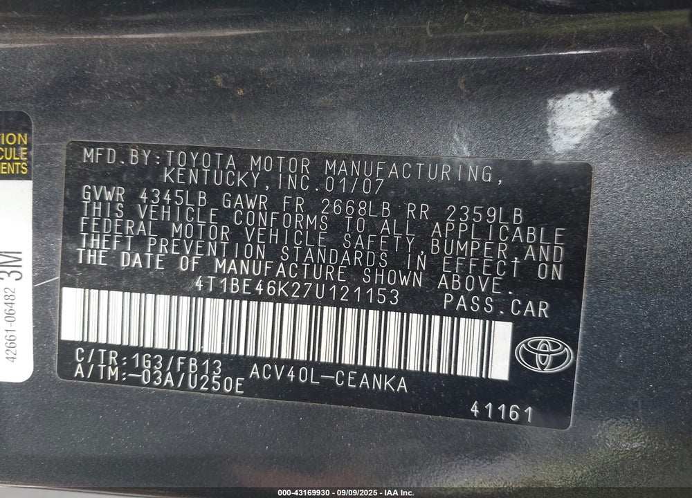 2007 TOYOTA CAMRY LE VIN: 4T1BE46K27U121153