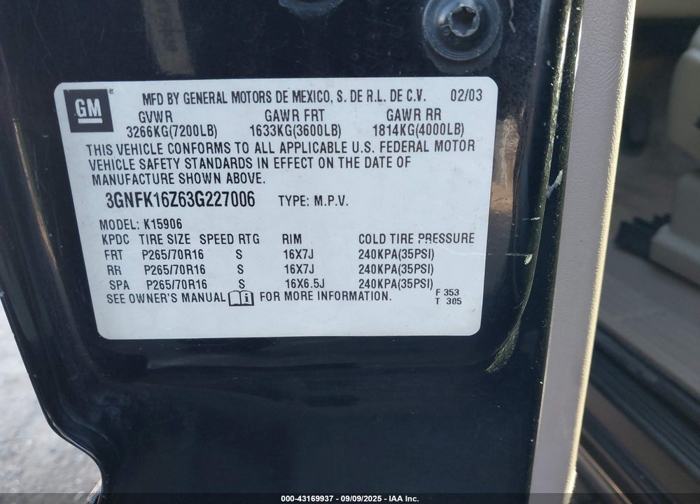 2003 CHEVROLET SUBURBAN 1500 LT VIN: 3GNFK16Z63G227006
