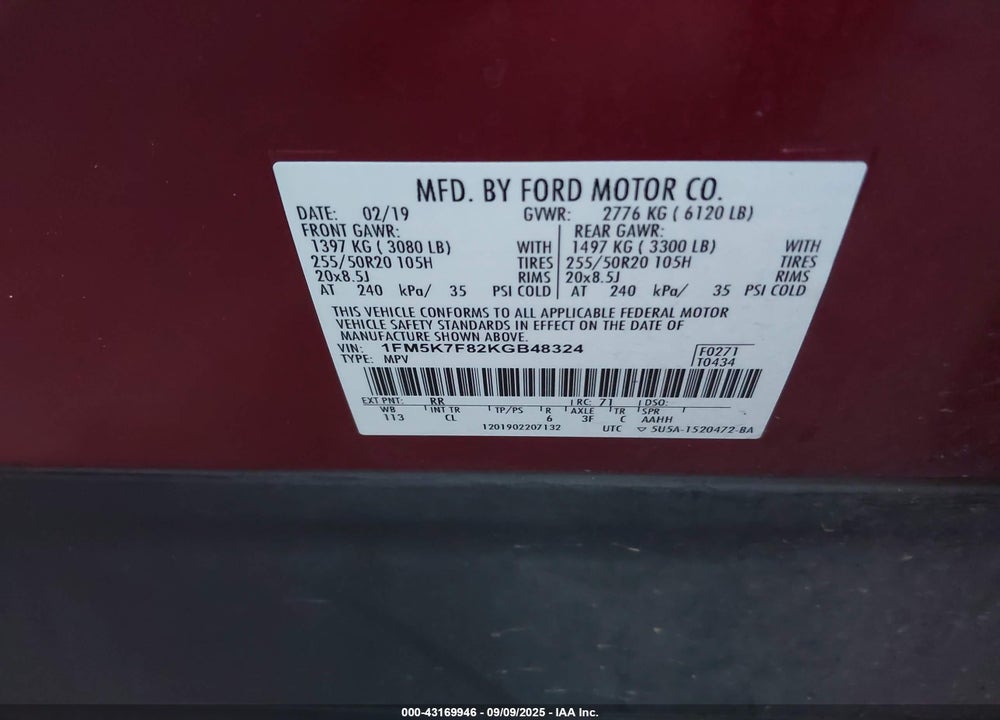 2019 FORD EXPLORER VIN: 1FM5K7F82KGB48324