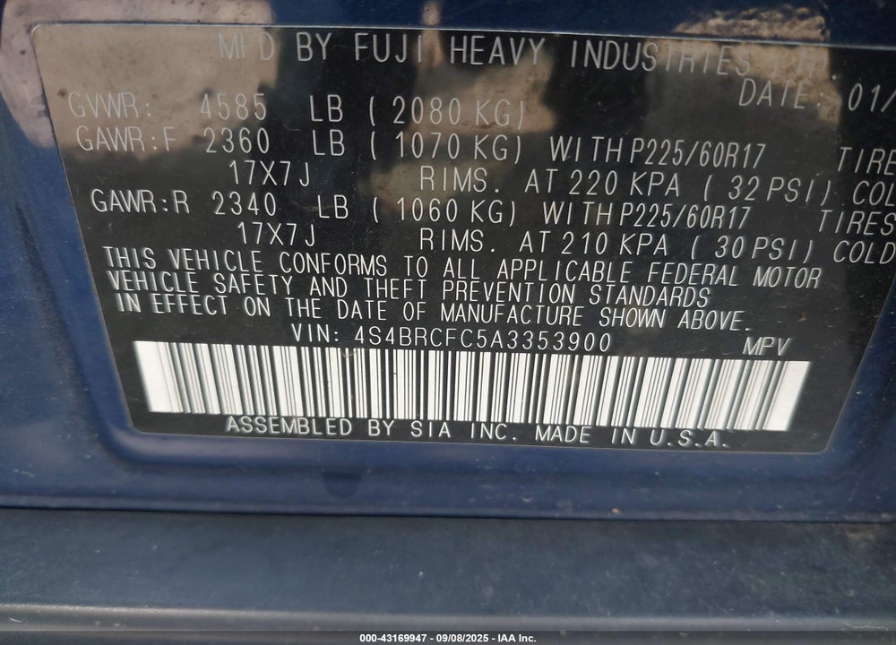 2010 SUBARU OUTBACK VIN: 4S4BRCFC5A3353900