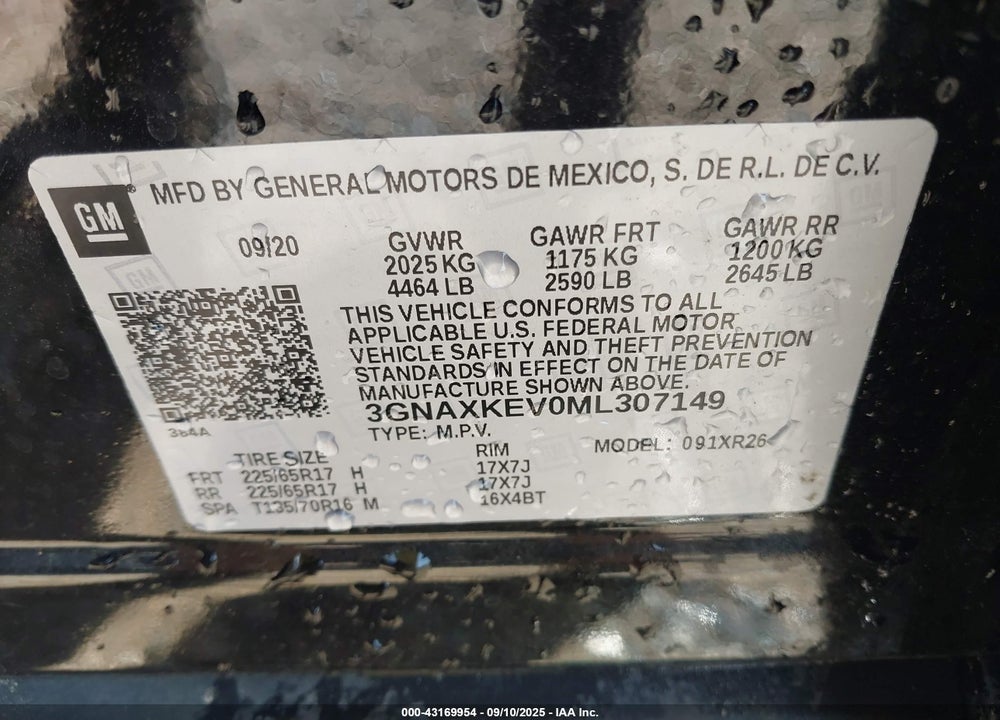 2021 CHEVROLET EQUINOX VIN: 3GNAXKEV0ML307149