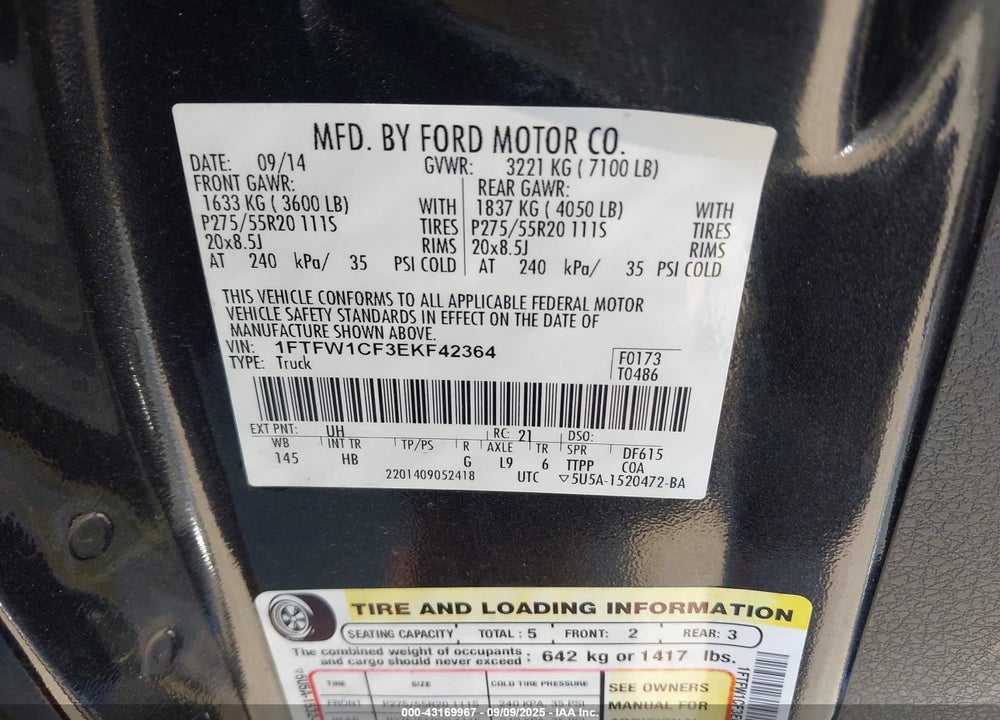 2014 FORD F-150 VIN: 1FTFW1CF3EKF42364