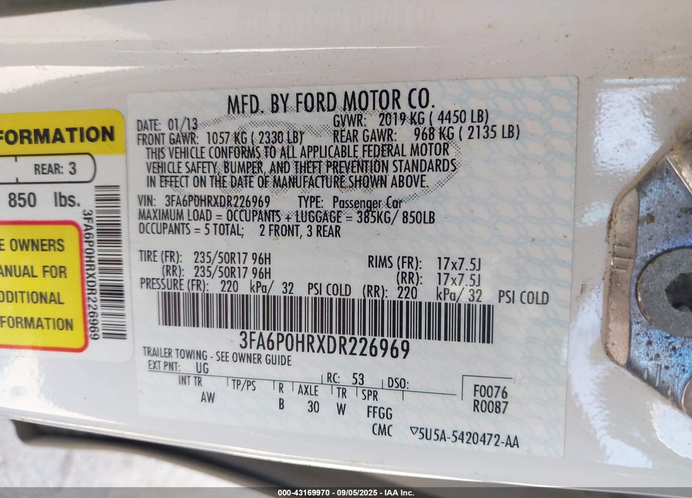 2013 FORD FUSION VIN: 3FA6P0HRXDR226969