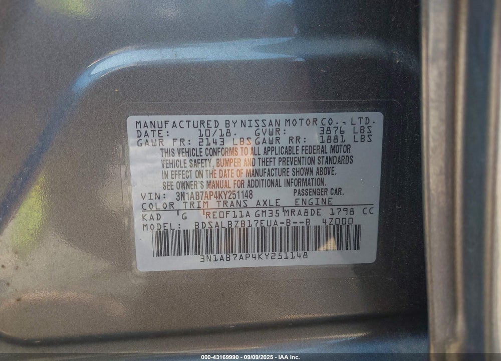 2019 NISSAN SENTRA VIN: 3N1AB7AP4KY251148
