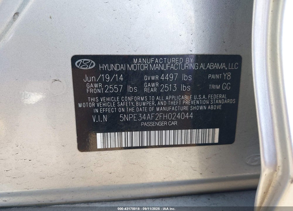 2015 HYUNDAI SONATA LIMITED VIN: 5NPE34AF2FH024044