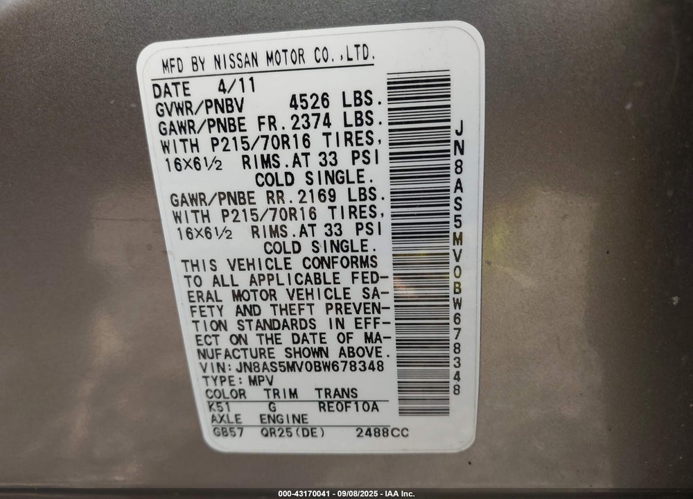 2011 NISSAN ROGUE VIN: JN8AS5MV0BW678348