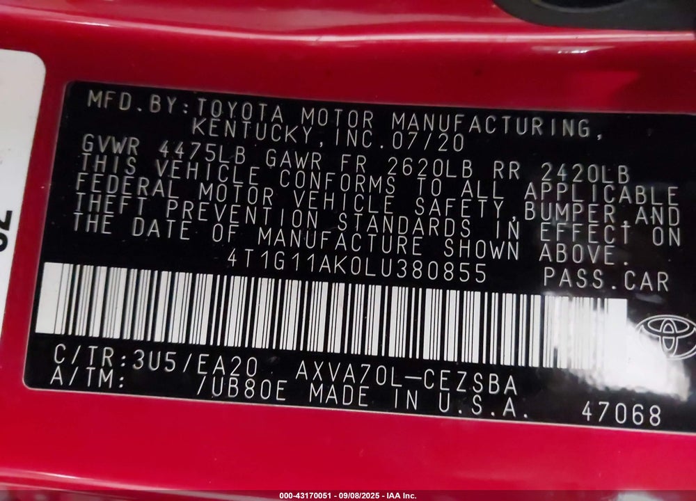 2020 TOYOTA CAMRY VIN: 4T1G11AK0LU380855