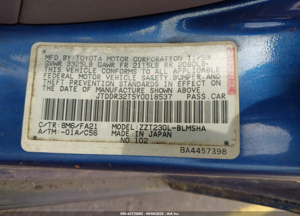 2000 TOYOTA CELICA GT VIN: JTDDR32T5Y0018537