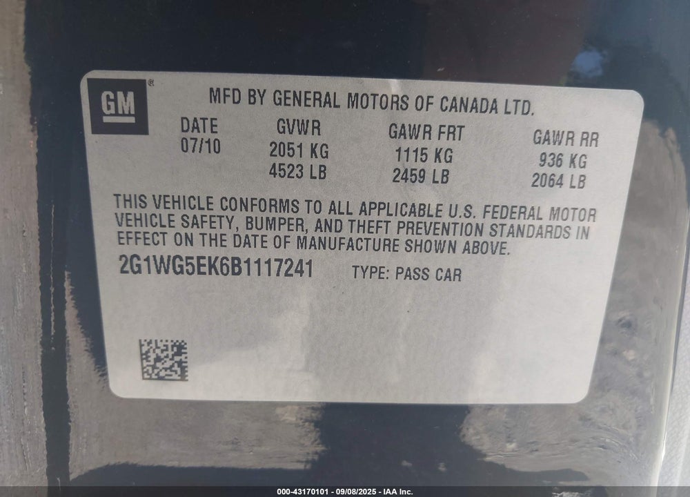 2011 CHEVROLET IMPALA VIN: 2G1WG5EK6B1117241