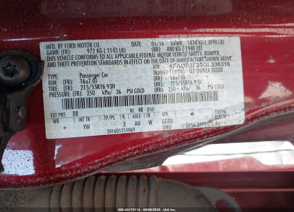 2016 FORD FOCUS VIN: 1FADP3F29GL336316