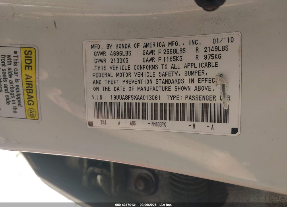 2010 ACURA TL 3.5 VIN: 19UUA8F5XAA013061
