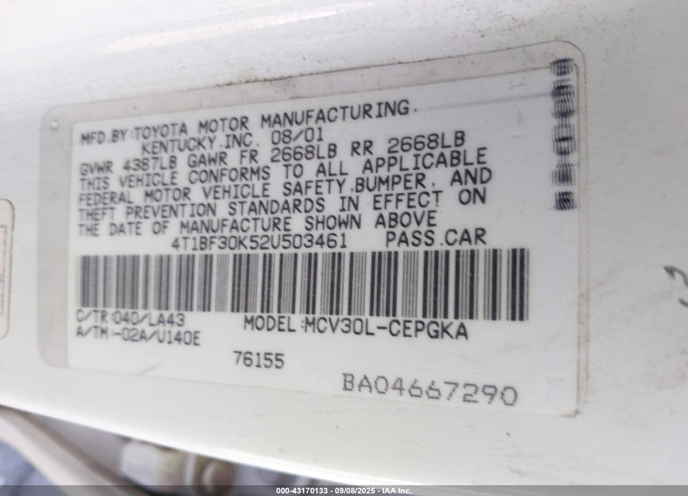 2002 TOYOTA CAMRY XLE V6 VIN: 4T1BF30K52U503461