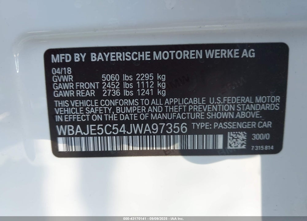 2018 BMW 5 SERIES VIN: WBAJE5C54JWA97356