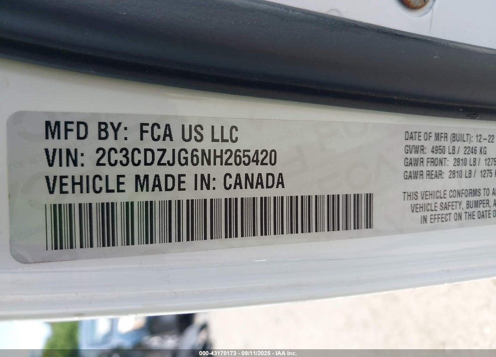 2022 DODGE CHALLENGER VIN: 2C3CDZJG6NH265420
