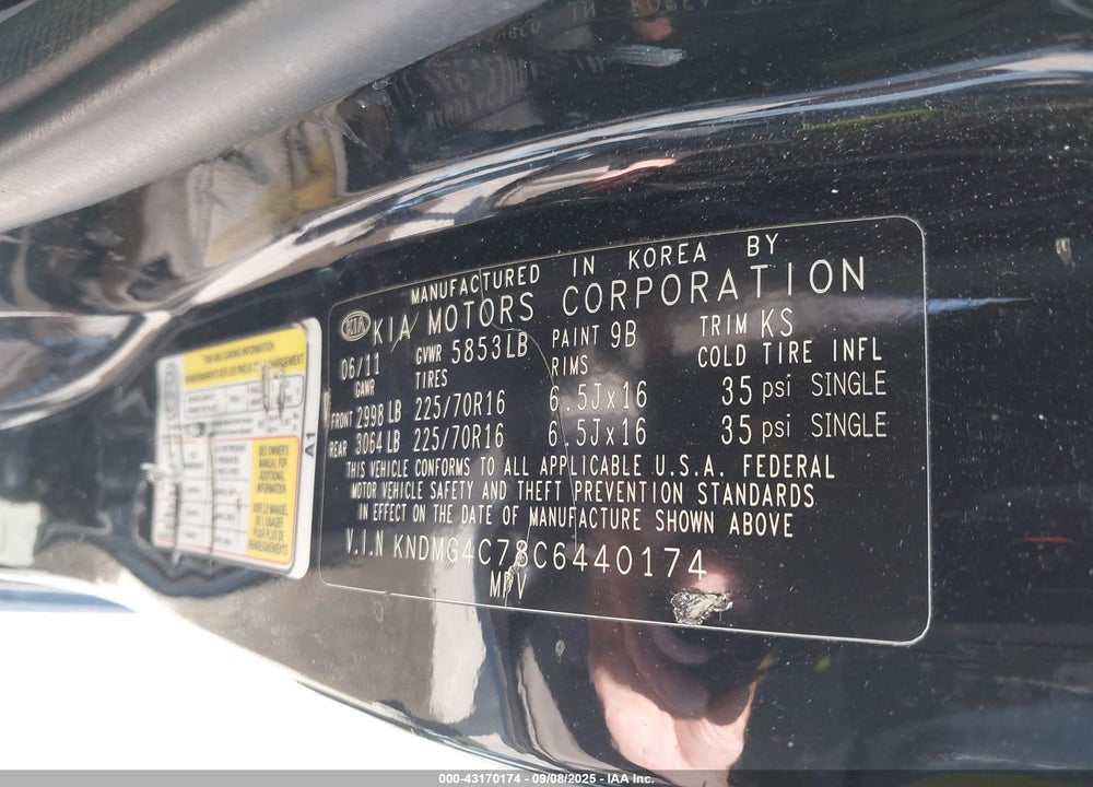 2012 KIA SEDONA VIN: KNDMG4C78C6440174