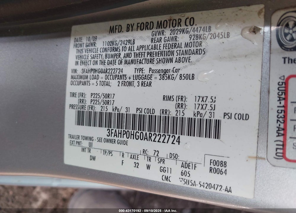 2010 FORD FUSION VIN: 3FAHP0HG0AR222724