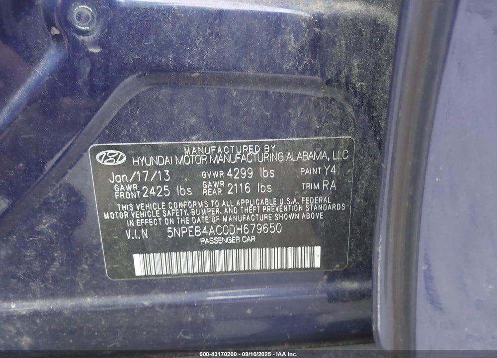 2013 HYUNDAI SONATA VIN: 5NPEB4AC0DH679650
