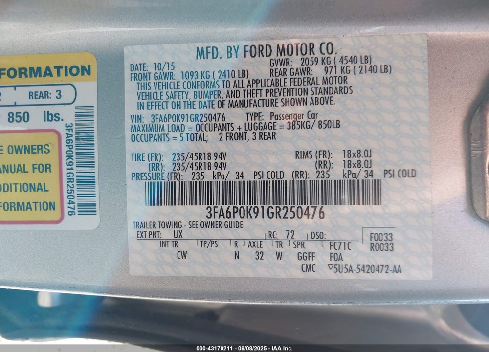 2016 FORD FUSION VIN: 3FA6P0K91GR250476