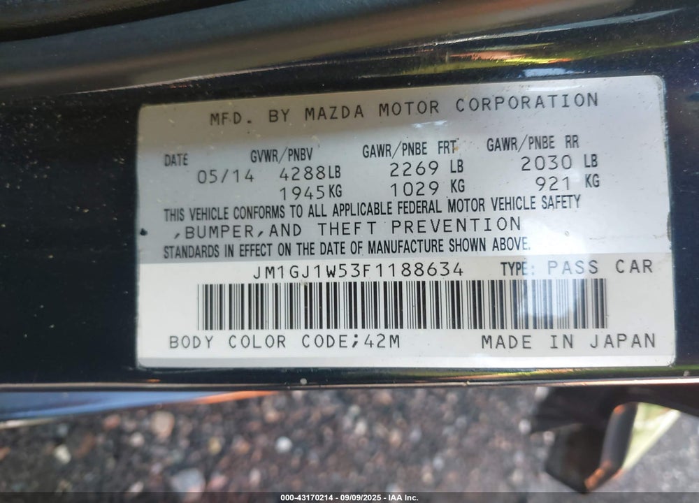 2015 MAZDA 6 VIN: JM1GJ1W53F1188634