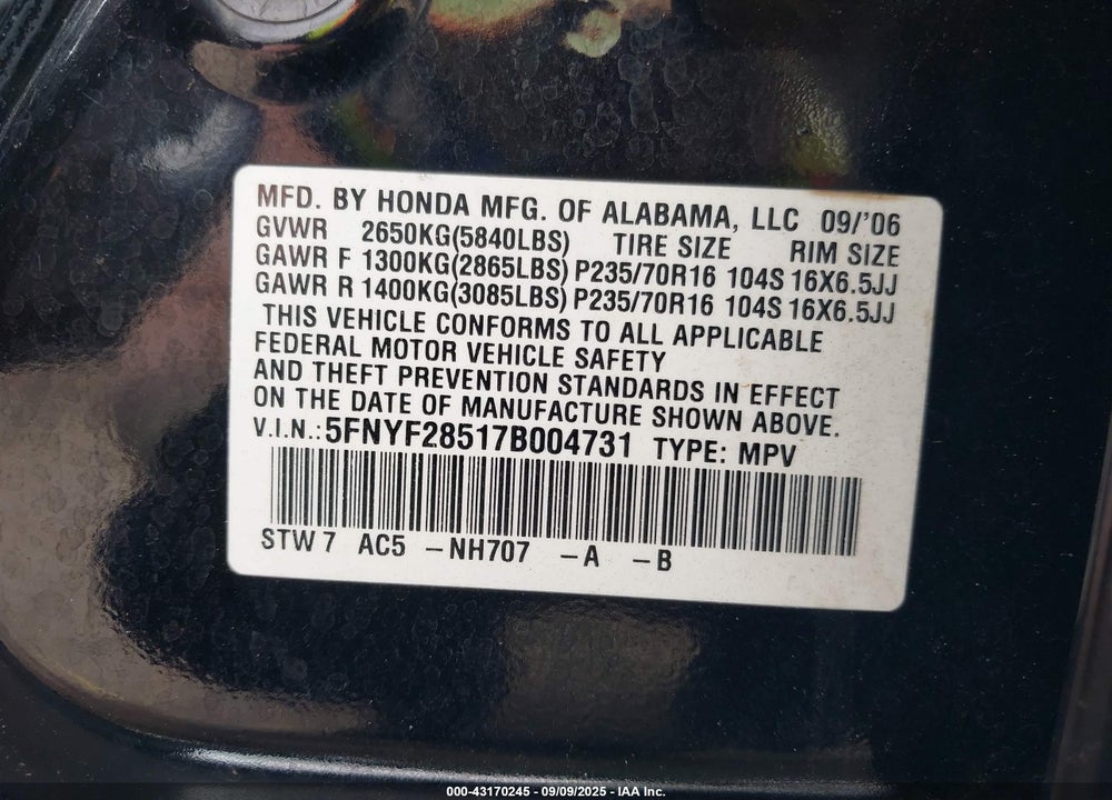 2007 HONDA PILOT EX-L VIN: 5FNYF28517B004731