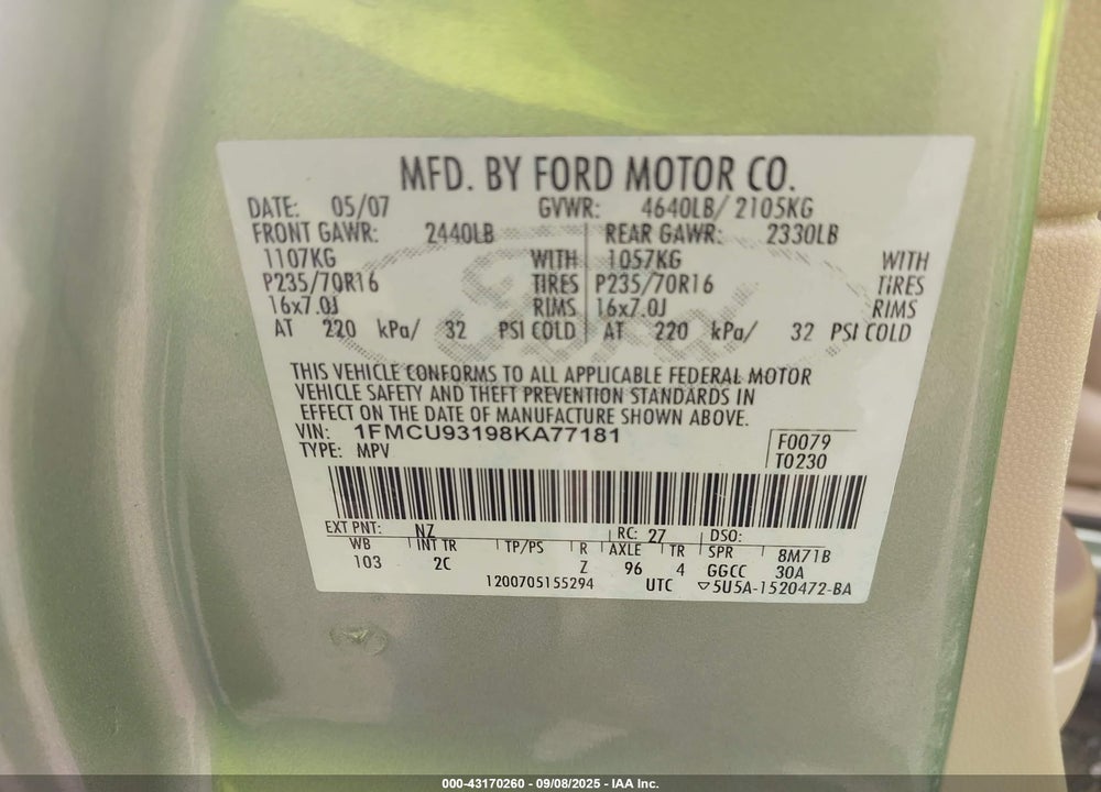 2008 FORD ESCAPE VIN: 1FMCU93198KA77181