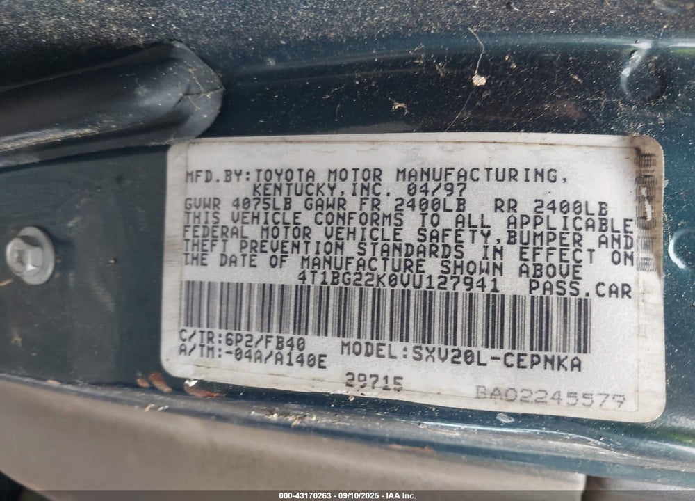 1997 TOYOTA CAMRY LE VIN: 4T1BG22K0VU127941