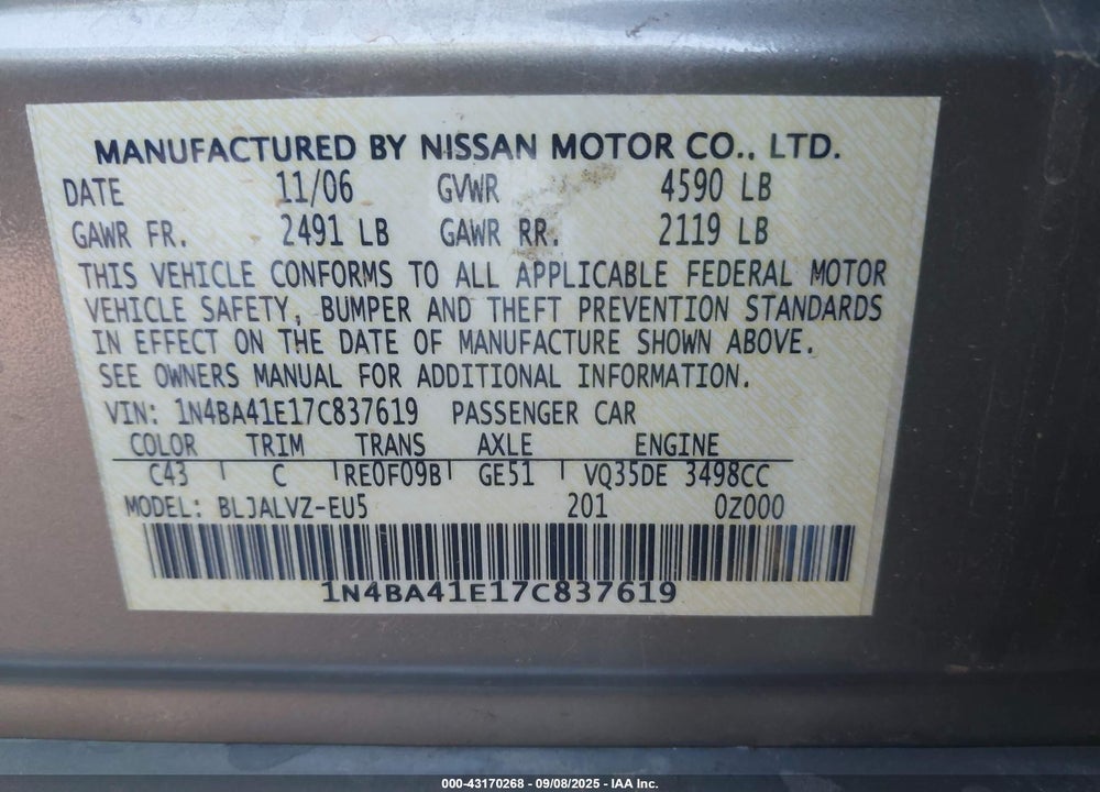 2007 NISSAN MAXIMA VIN: 1N4BA41E17C837619