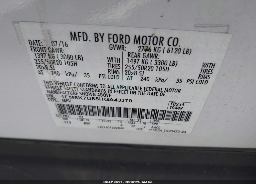 2017 FORD EXPLORER VIN: 1FM5K7D85HGA43370