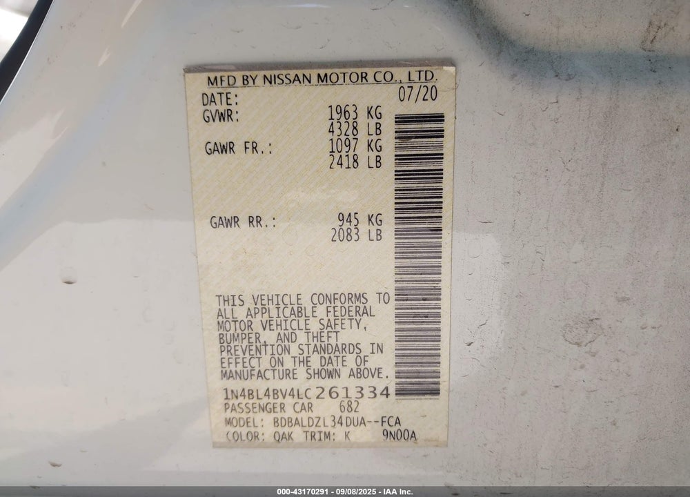 2020 NISSAN ALTIMA S FWD VIN: 1N4BL4BV4LC261334