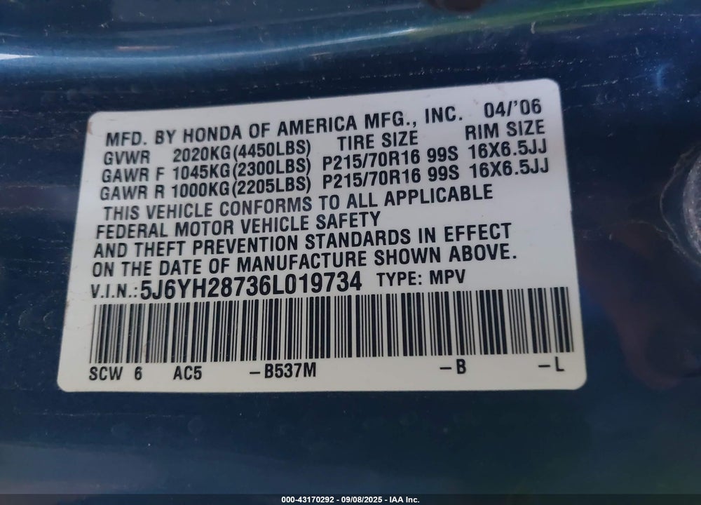 2006 HONDA ELEMENT EX-P VIN: 5J6YH28736L019734