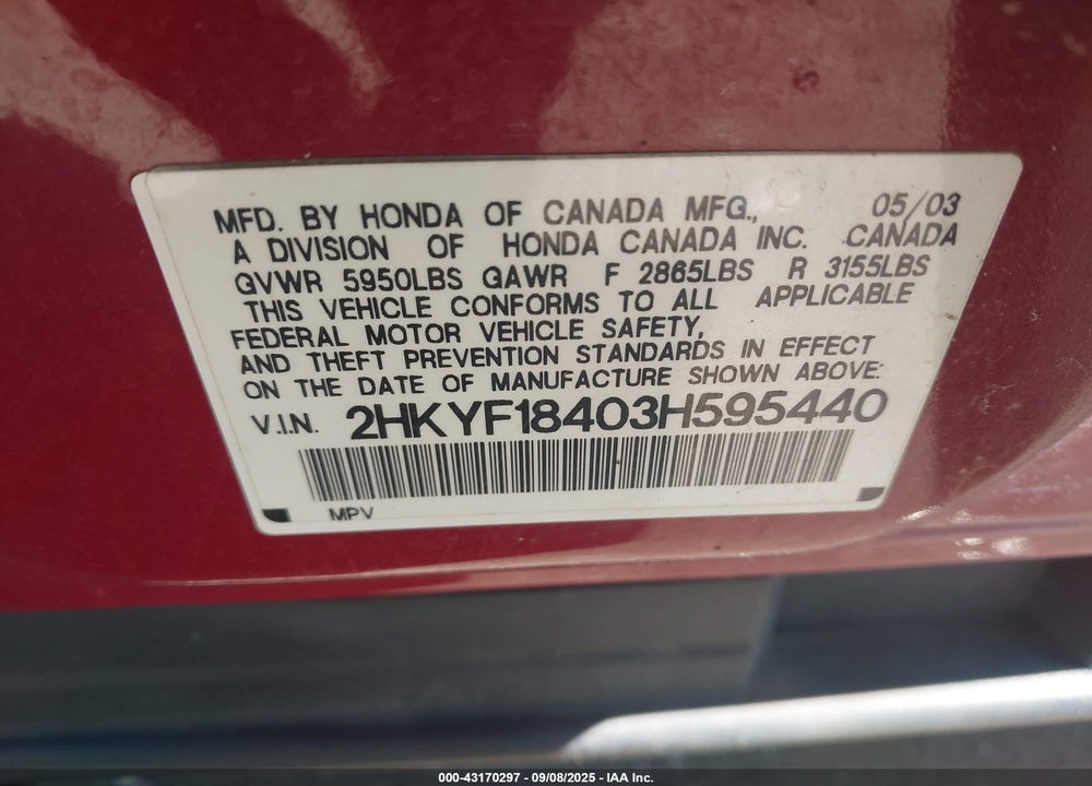 2003 HONDA PILOT EX VIN: 2HKYF18403H595440