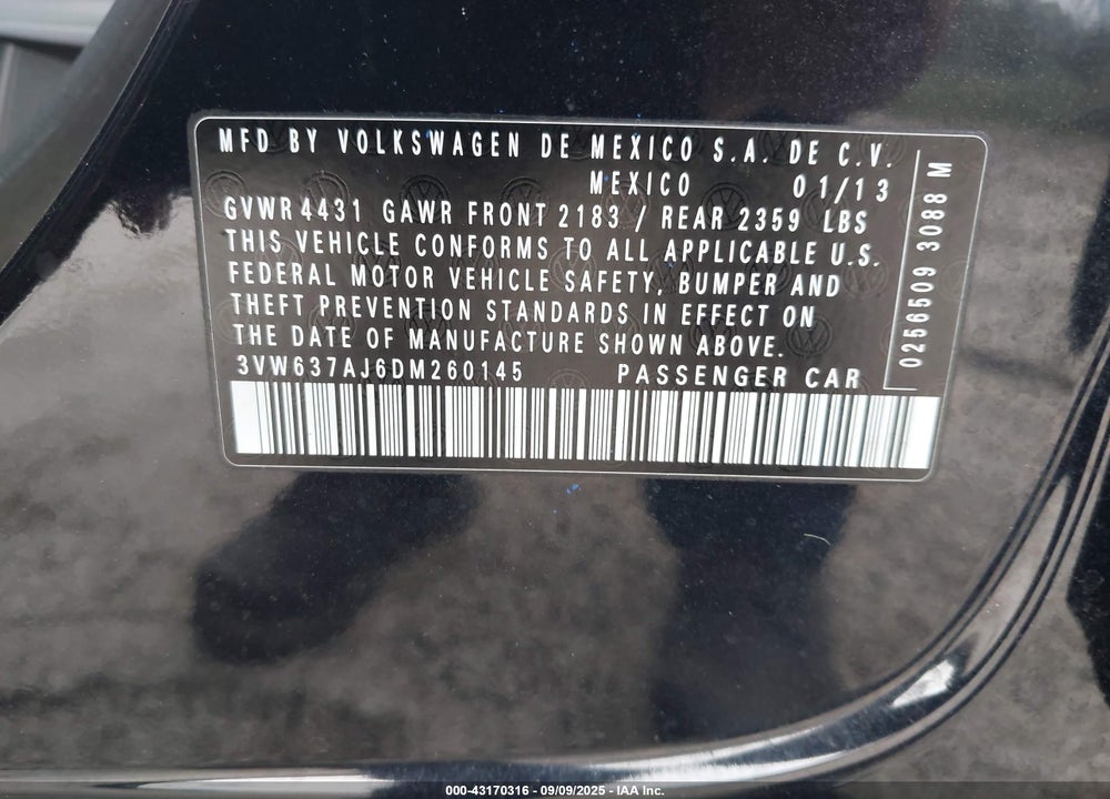 2013 VOLKSWAGEN JETTA HYBRID SE VIN: 3VW637AJ6DM260145