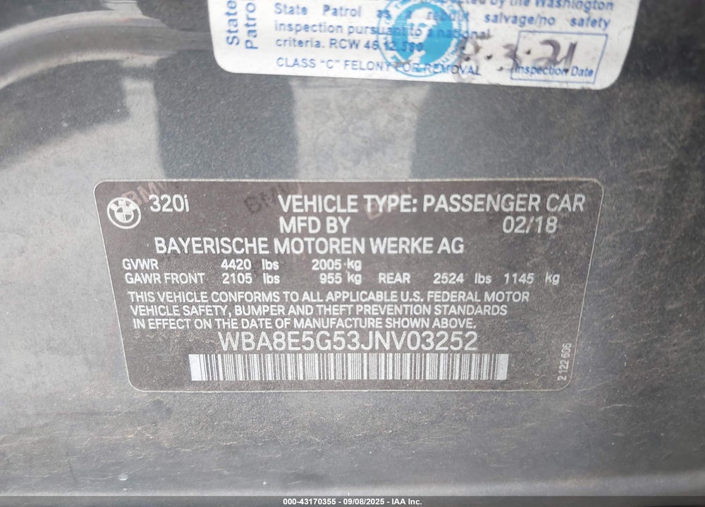 2018 BMW 3 SERIES VIN: WBA8E5G53JNV03252