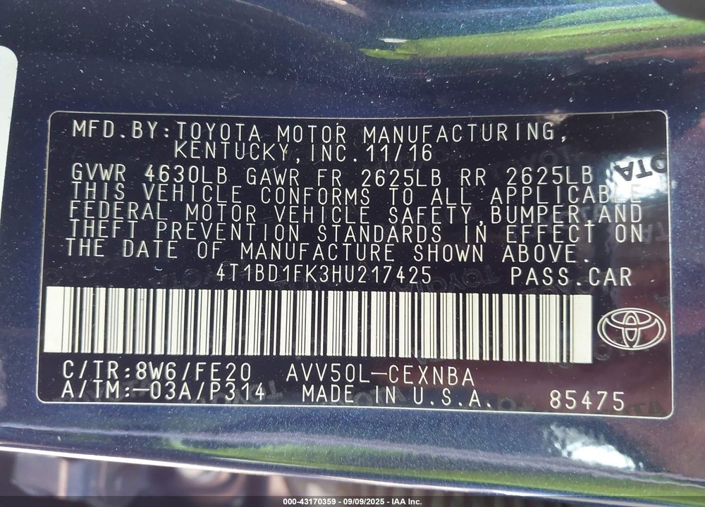 2017 TOYOTA CAMRY HYBRID VIN: 4T1BD1FK3HU217425